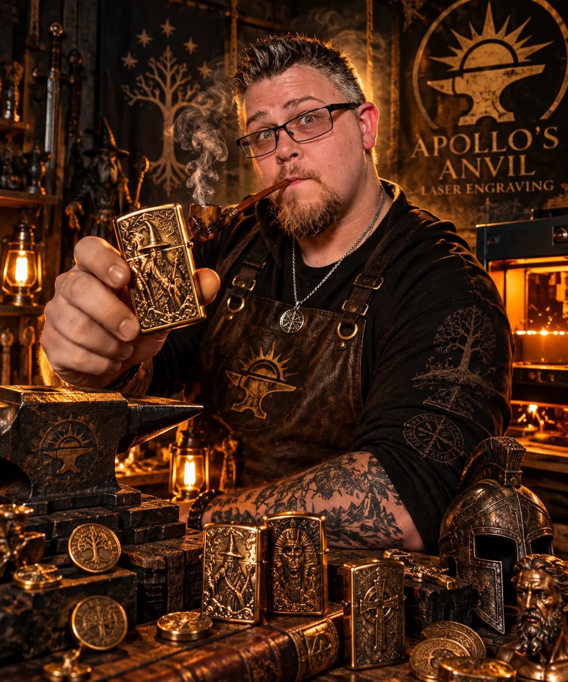 Tom, the maker behind Apollo's Anvil, holding an engraved brass lighter in his Buffalo workshop