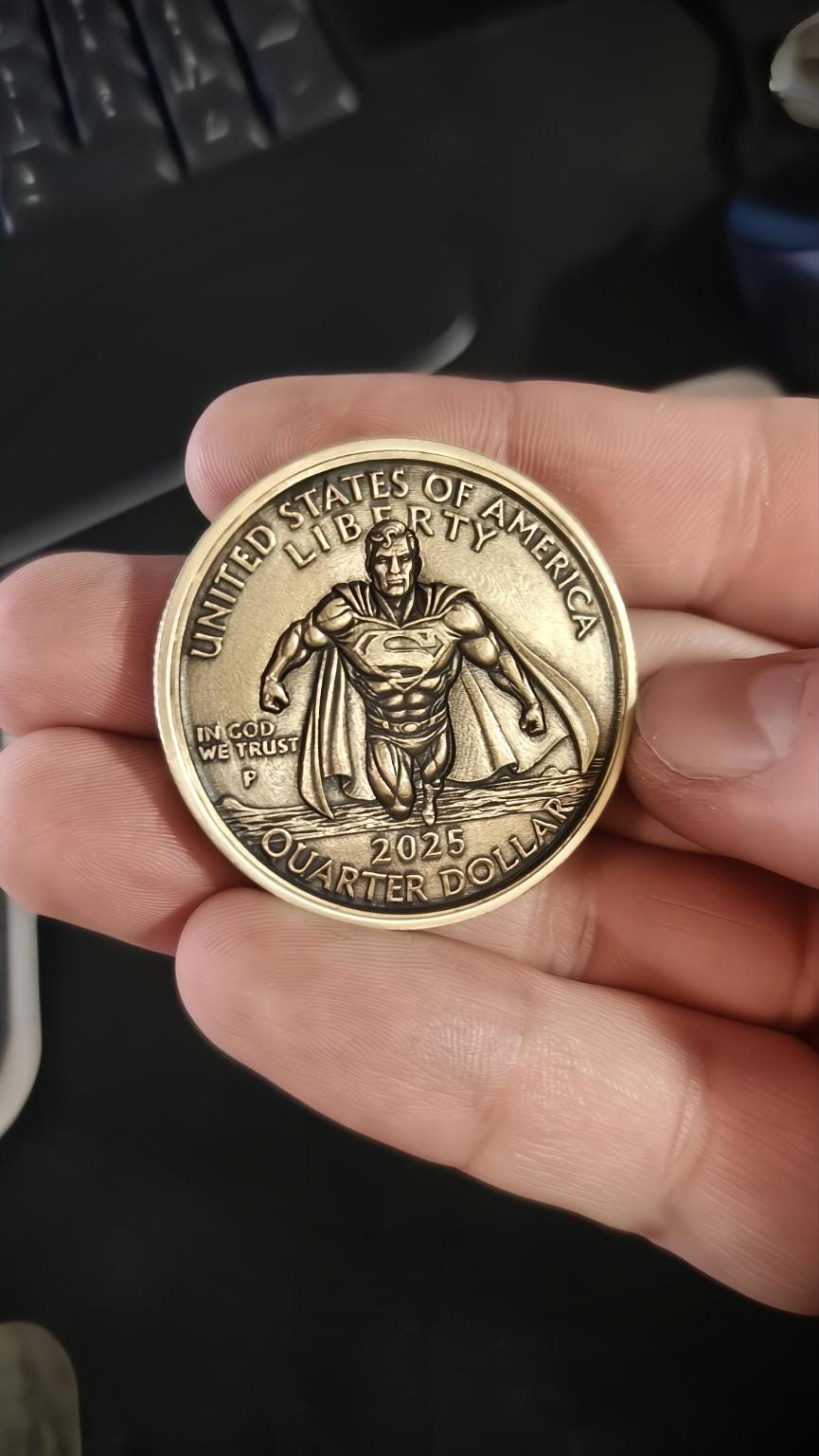 Superman “Liberty” Fantasy Coin – Patriotic Hero Quarter Style Collectible | Superhero Coin | Antique Bronze Display Coin | Apollo’s Anvil