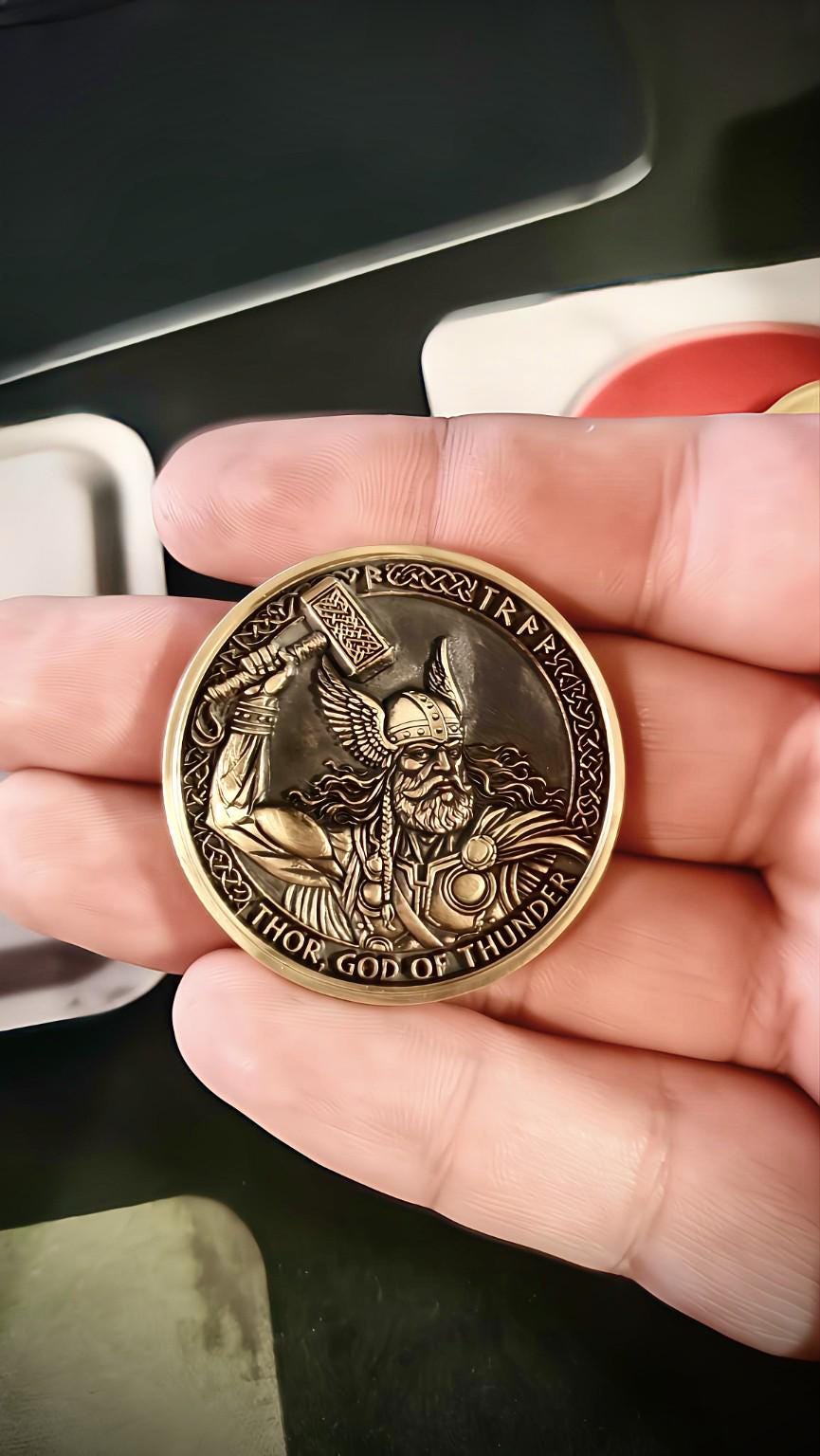 Odin & Thor Norse Mythology Coin | Antique Bronze Viking Challenge Coin