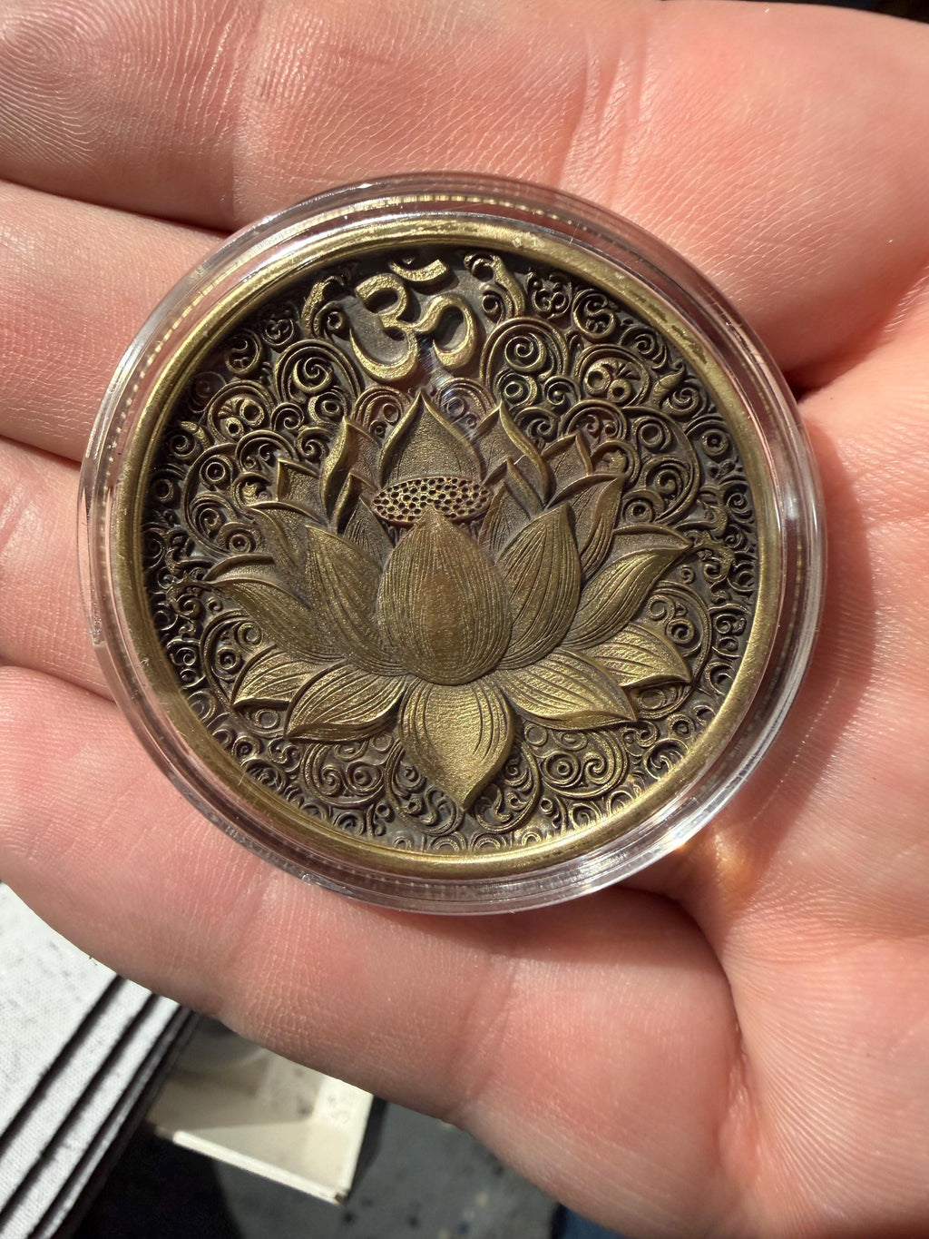 Om & Lotus Flower Coin | Double-Sided Meditation Token | Bronze Spiritual Coin for Mindfulness, Balance